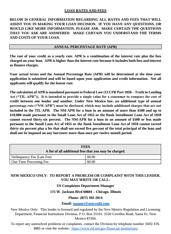 new mexico loan rates and fees document